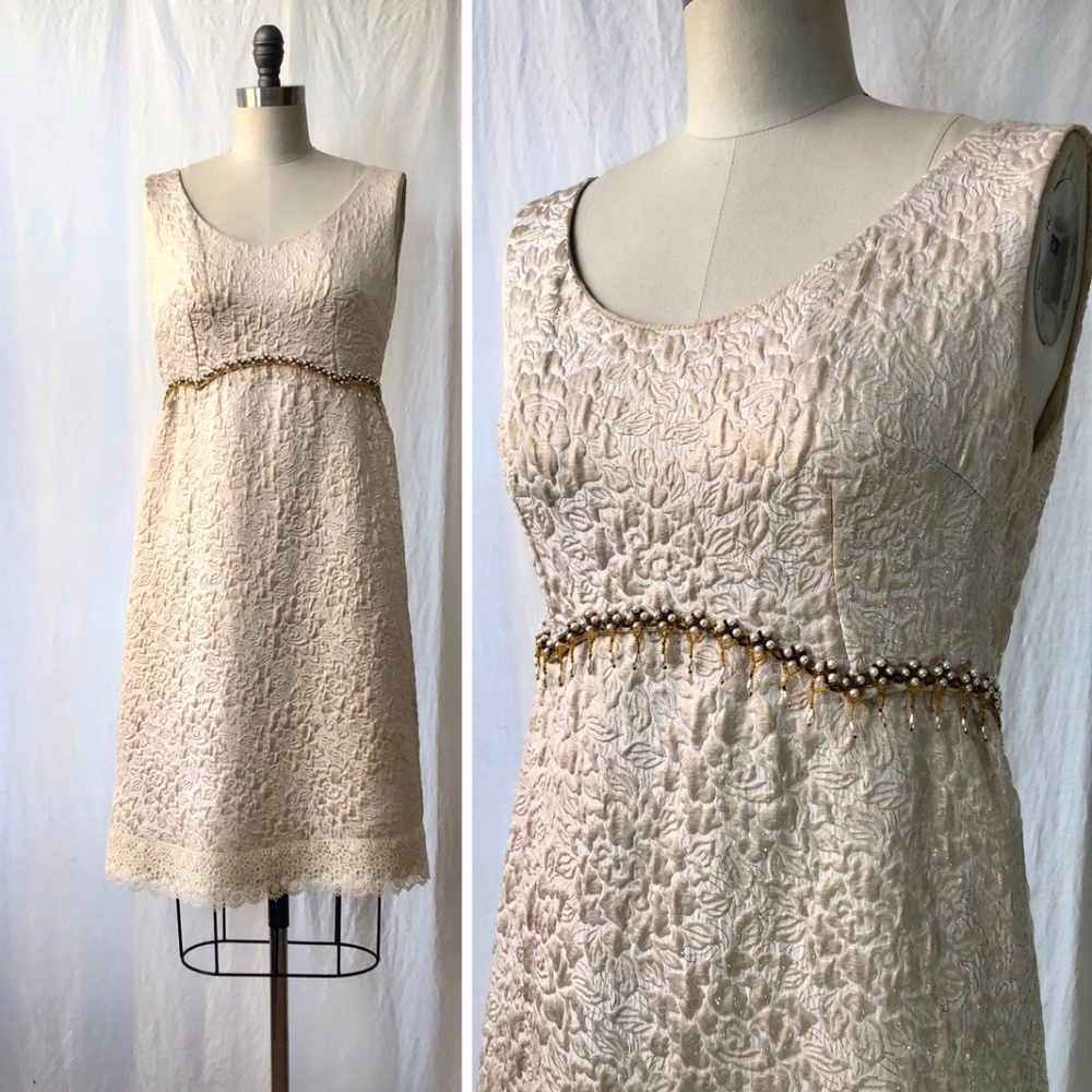 Vintage 1960s Cream & Gold Brocade Dress